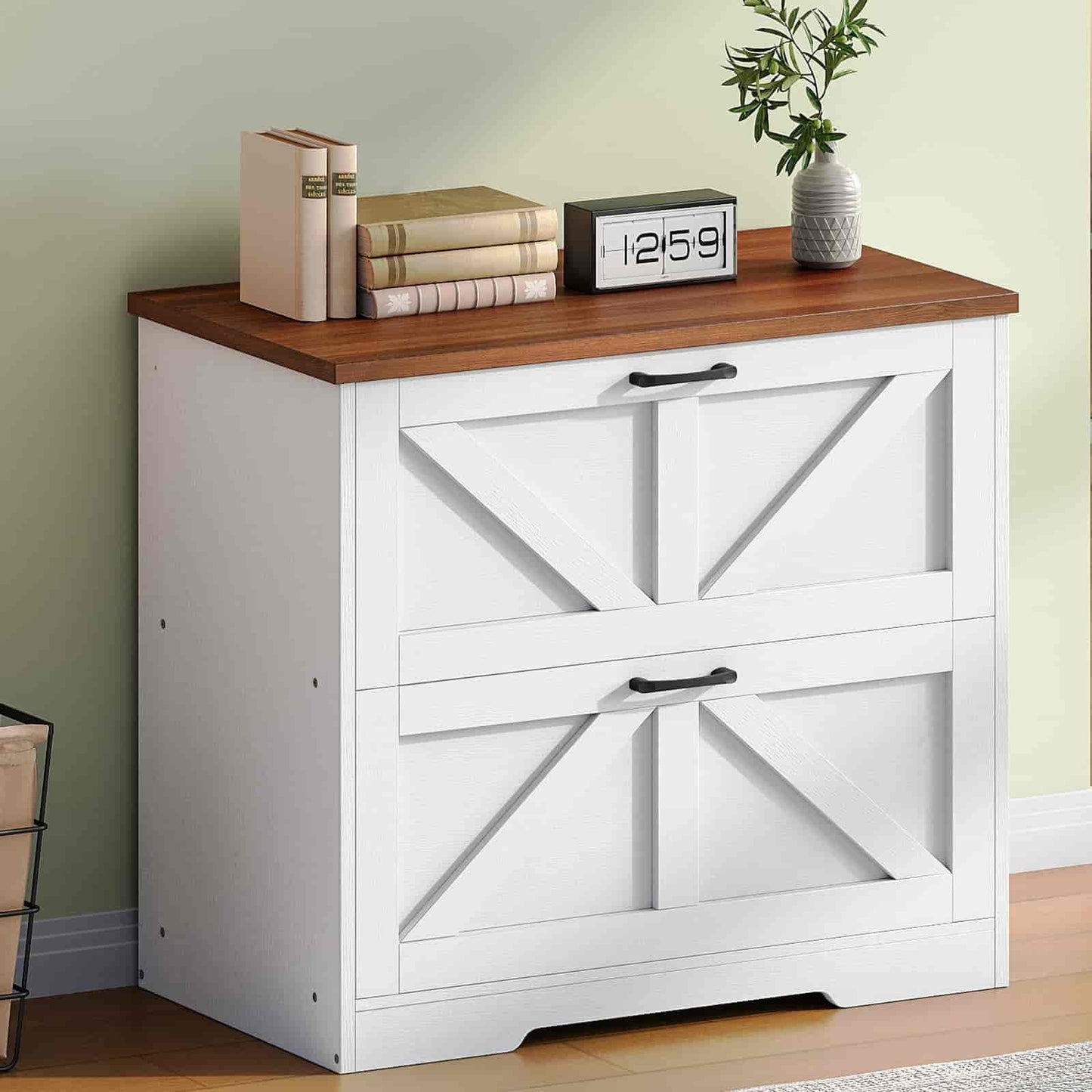 White storage cabinet with wooden top against a light green wall