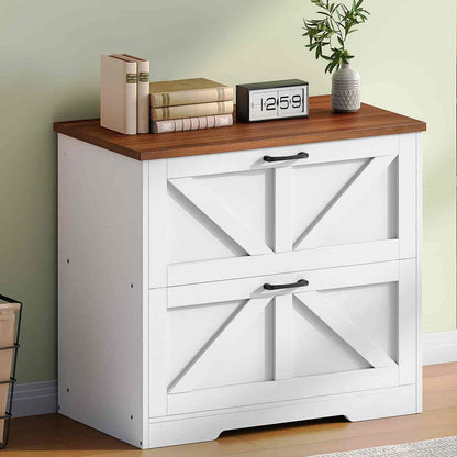 White storage cabinet with wooden top against a light green wall