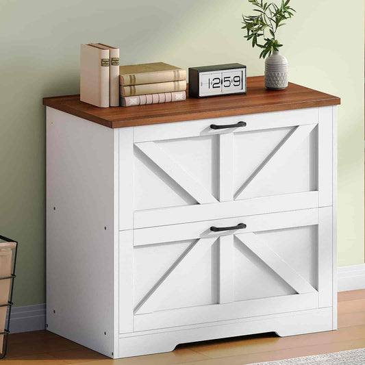 White storage cabinet with wooden top against a light green wall
