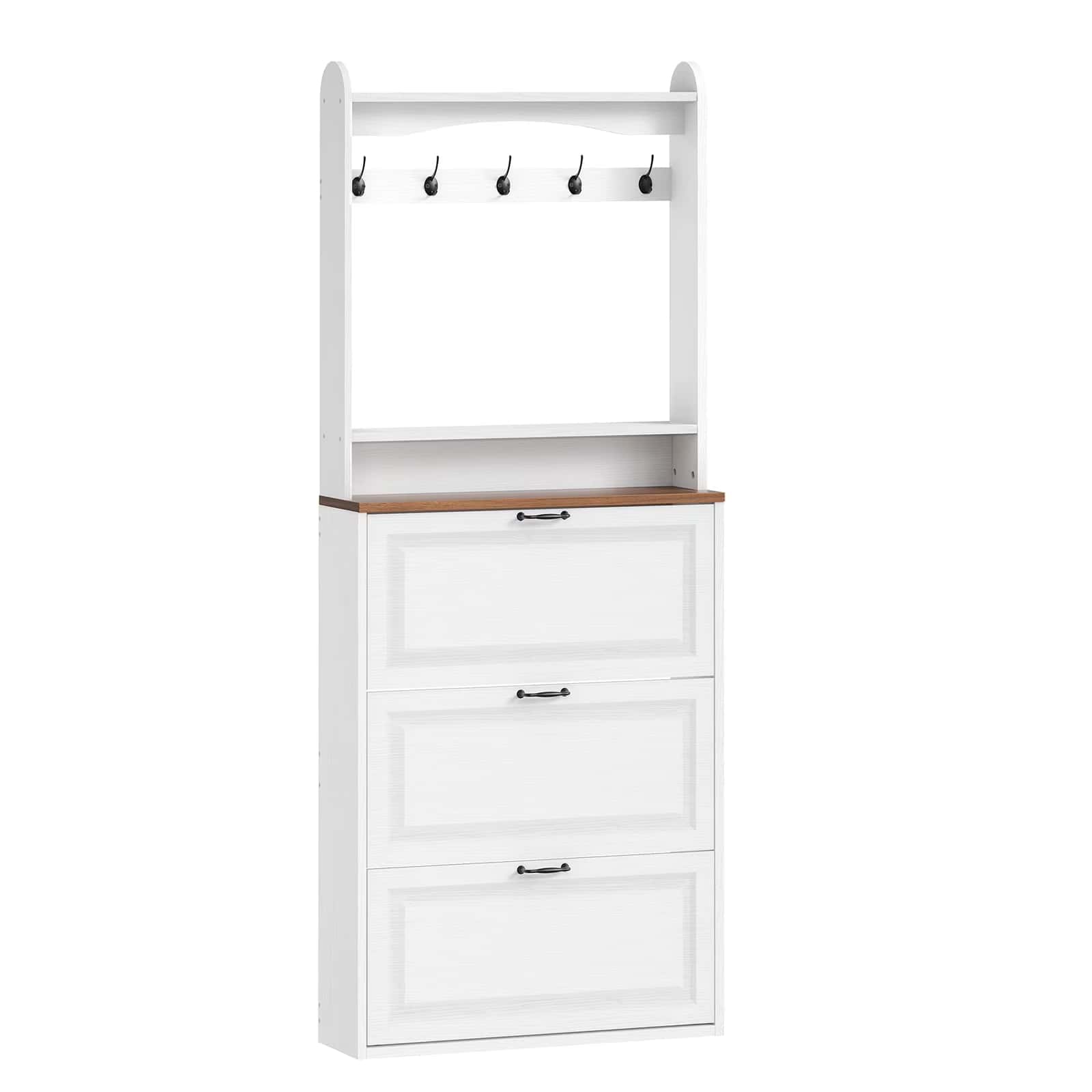 White storage unit with wooden top and hooks on a white background