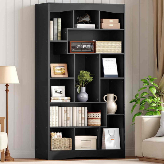 Black bookshelf with various items in a room setting
