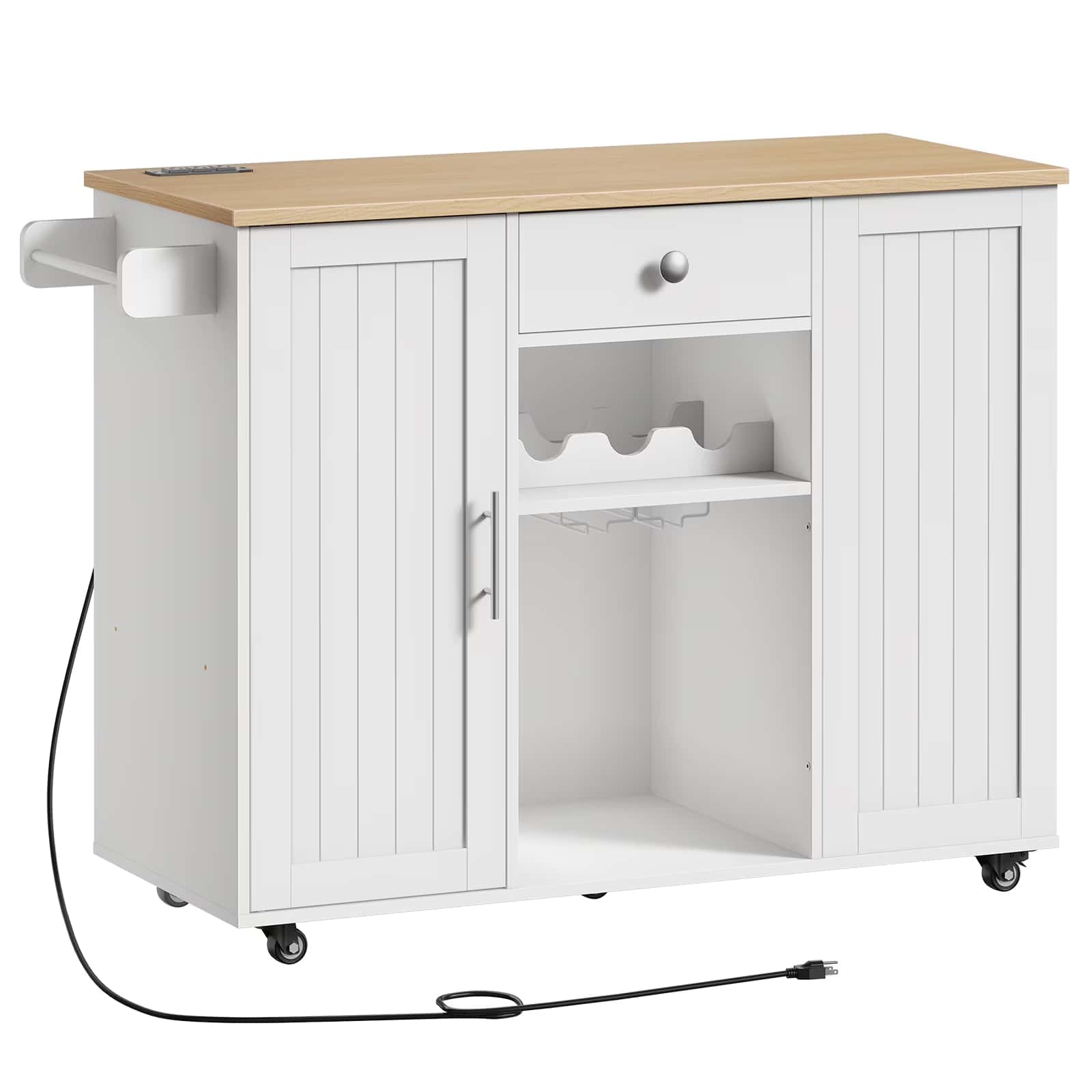 White kitchen island with wooden top on a white background