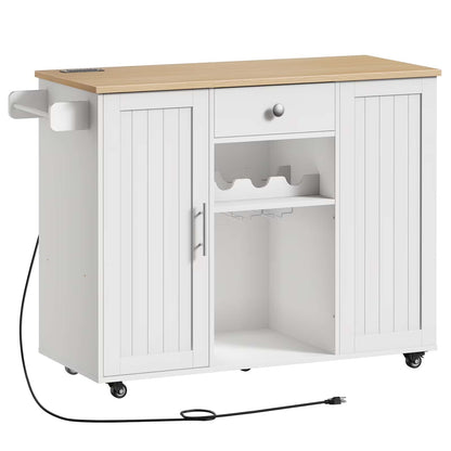 White kitchen island with wooden top on a white background