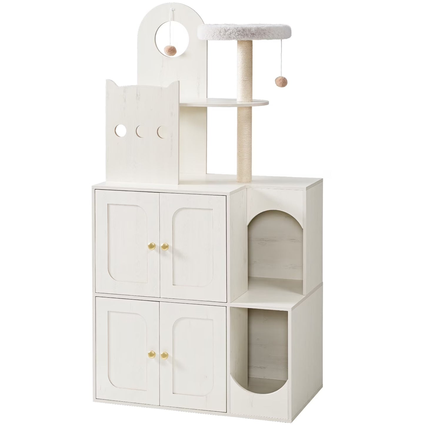 White pet playhouse with shelves and a small platform on a white background