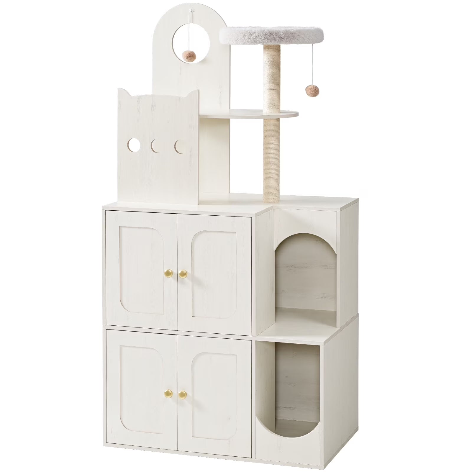 White pet playhouse with shelves and a small platform on a white background