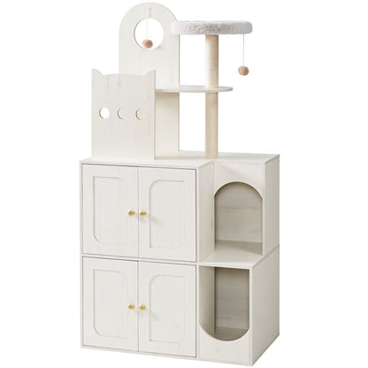 White pet playhouse with shelves and a small platform on a white background
