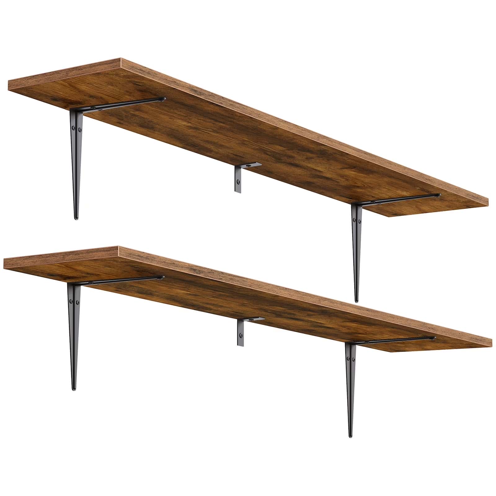 Two wooden shelves with metal brackets on a white background