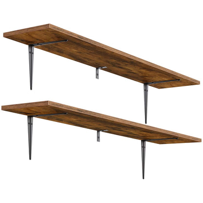 Two wooden shelves with metal brackets on a white background