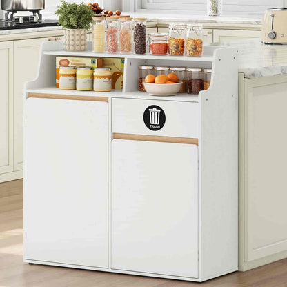 White kitchen island with storage compartments and food items in a kitchen setting.