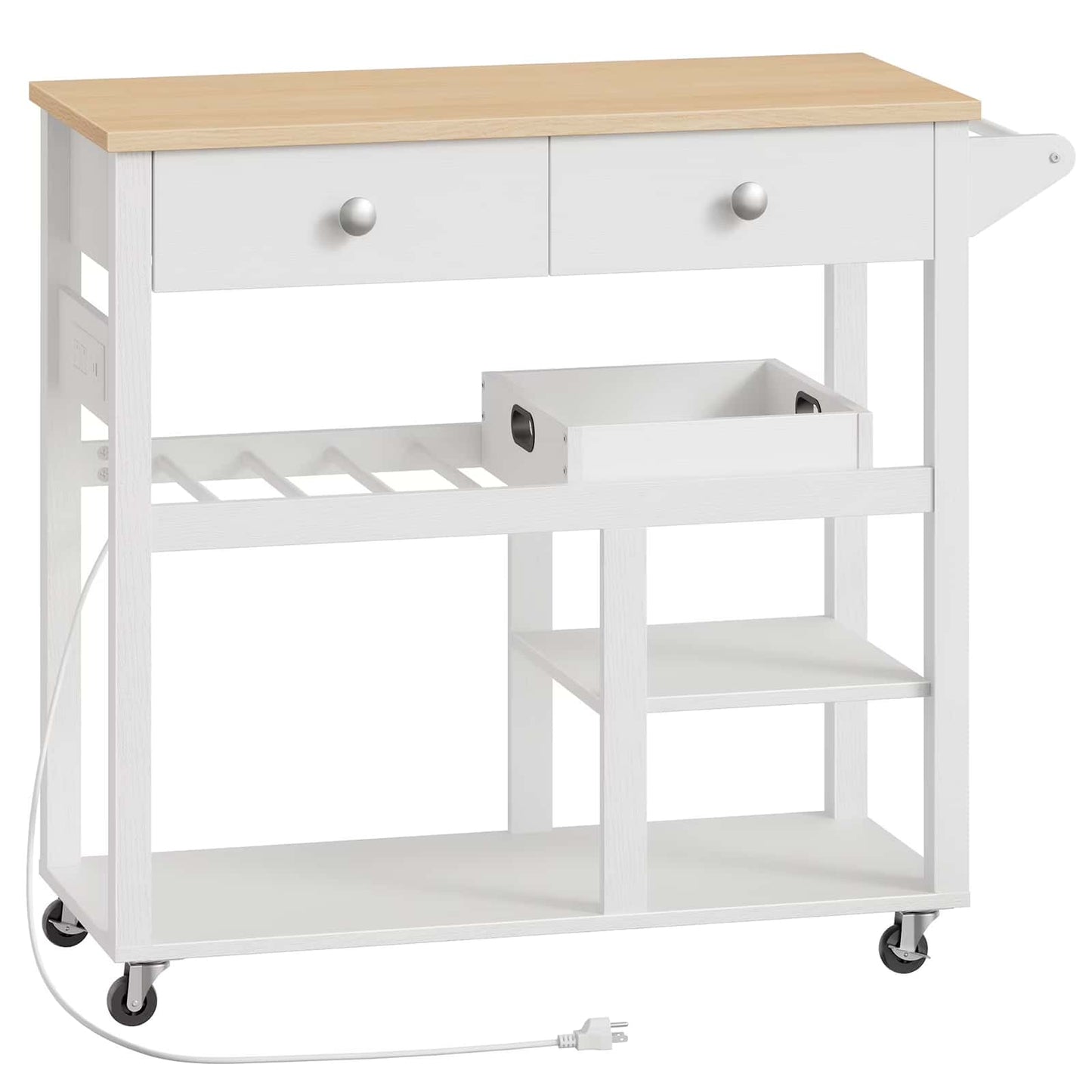 White kitchen cart with wooden top on a white background