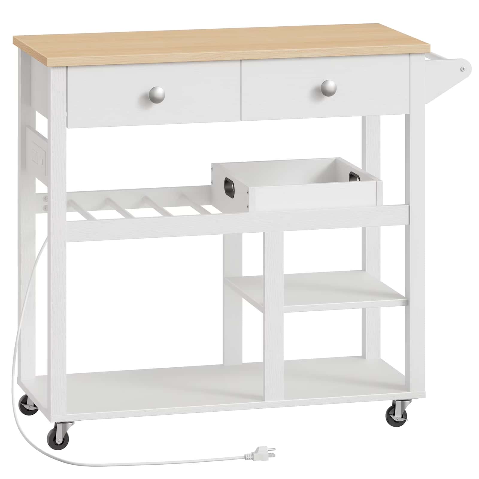 White kitchen cart with wooden top on a white background