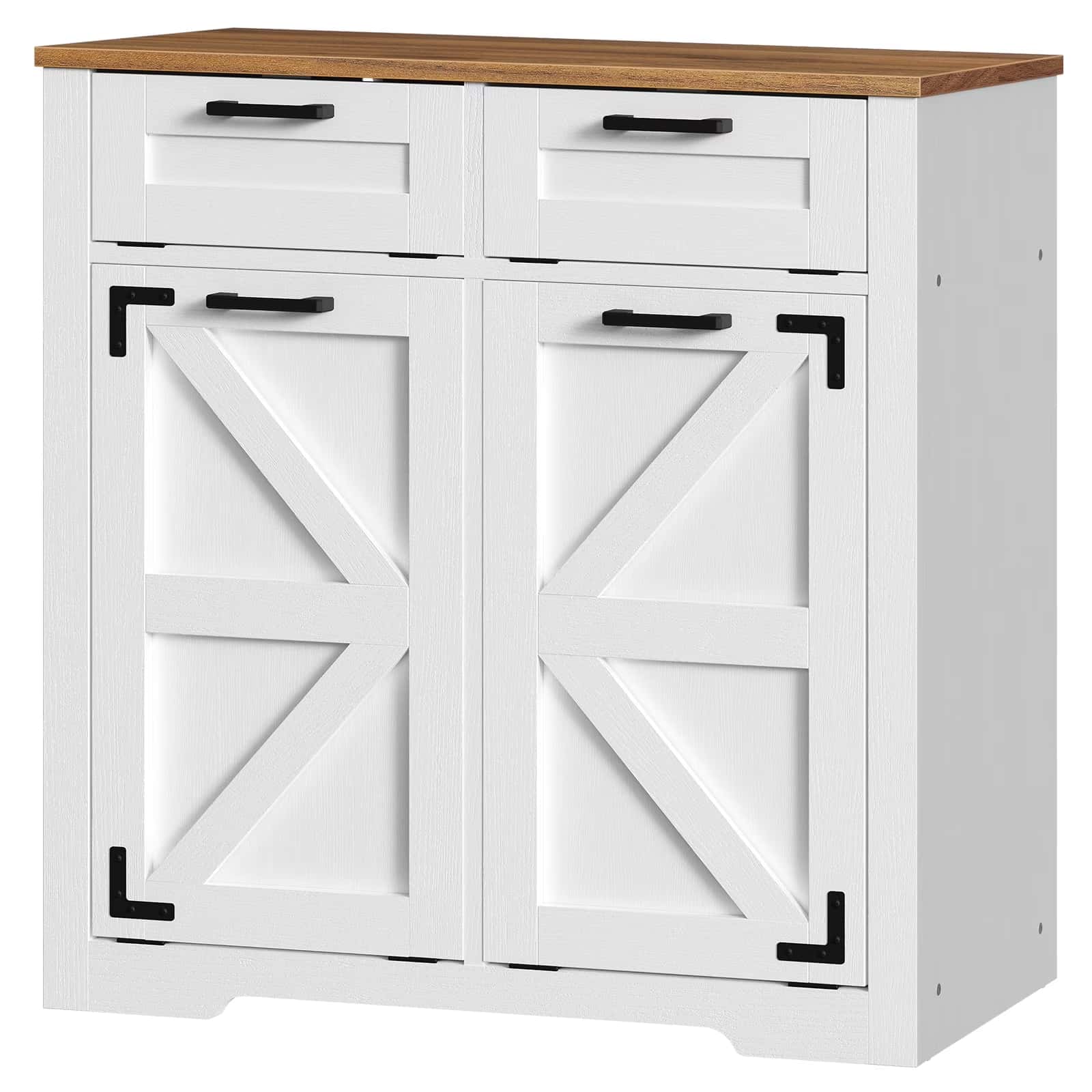 White cabinet with wooden top and black handles on a white background