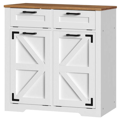White cabinet with wooden top and black handles on a white background