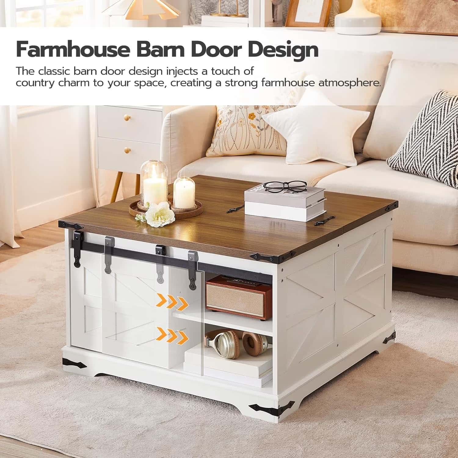White coffee table with barn door design in a living room setting