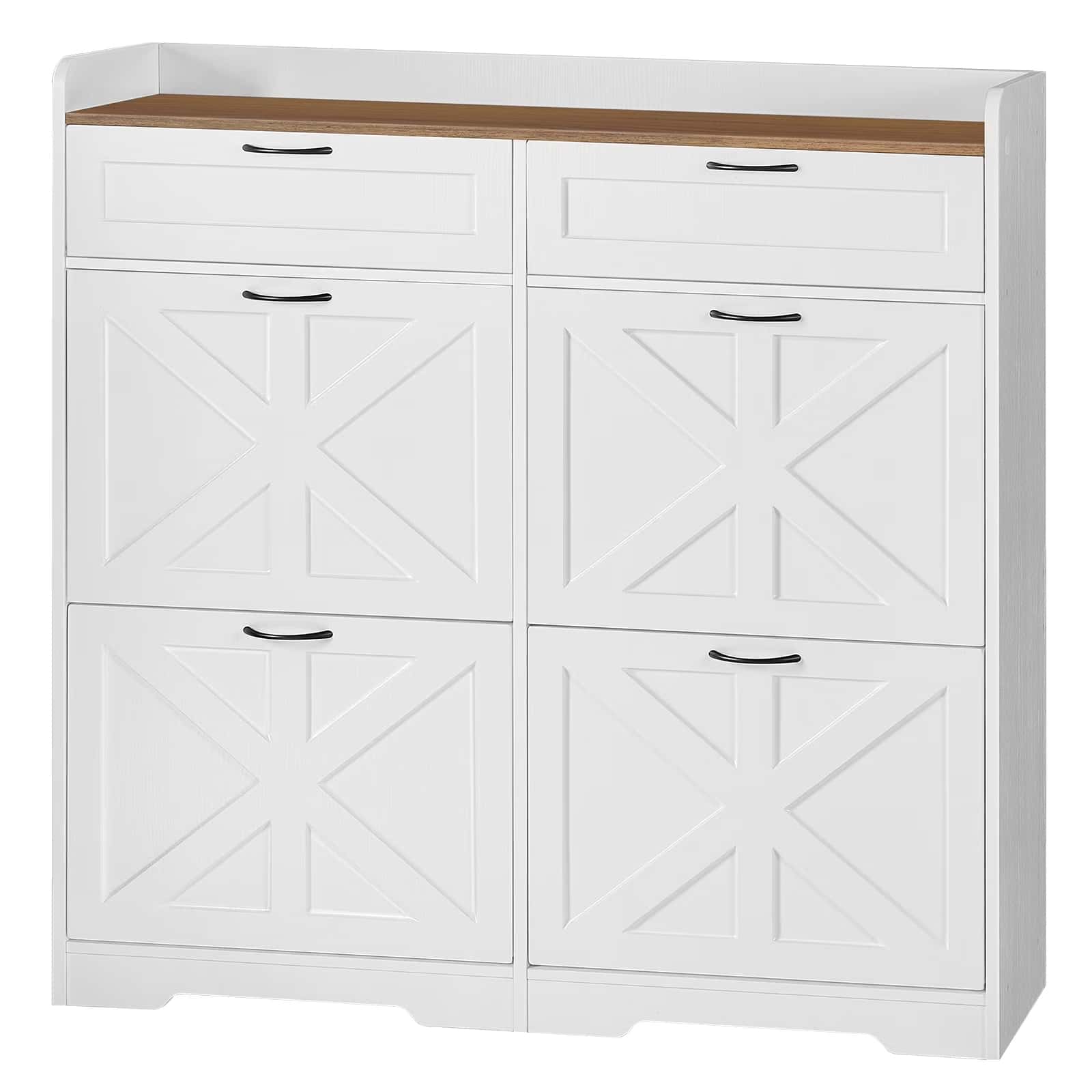White storage cabinet with wooden top on a white background