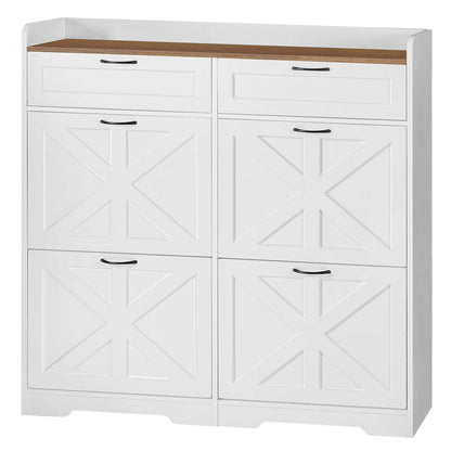 White storage cabinet with wooden top on a white background