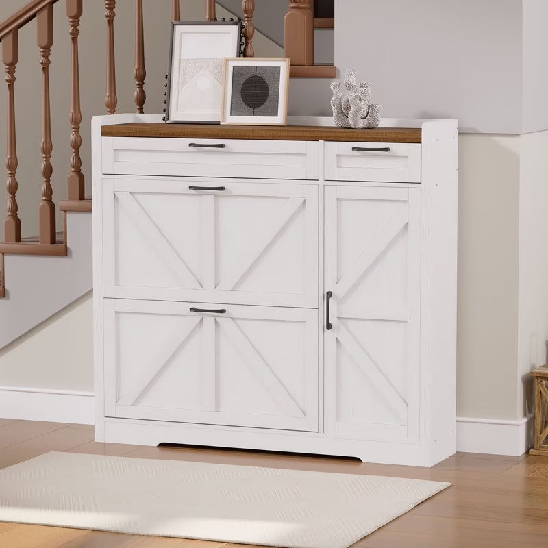 White storage cabinet with wooden top in a home setting