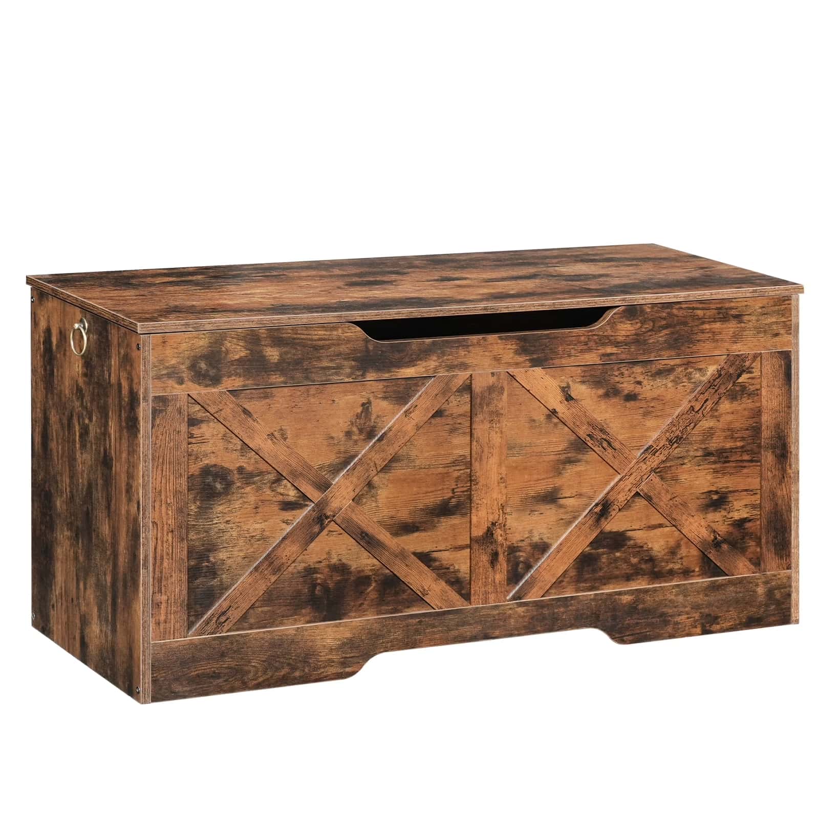 Wooden storage bench with rustic design on a white background
