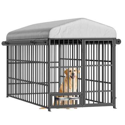 HOOBRO Outdoor Heavy-Duty Large Dog Kennel with Waterproof Cover & Rotating Feeding Bowls