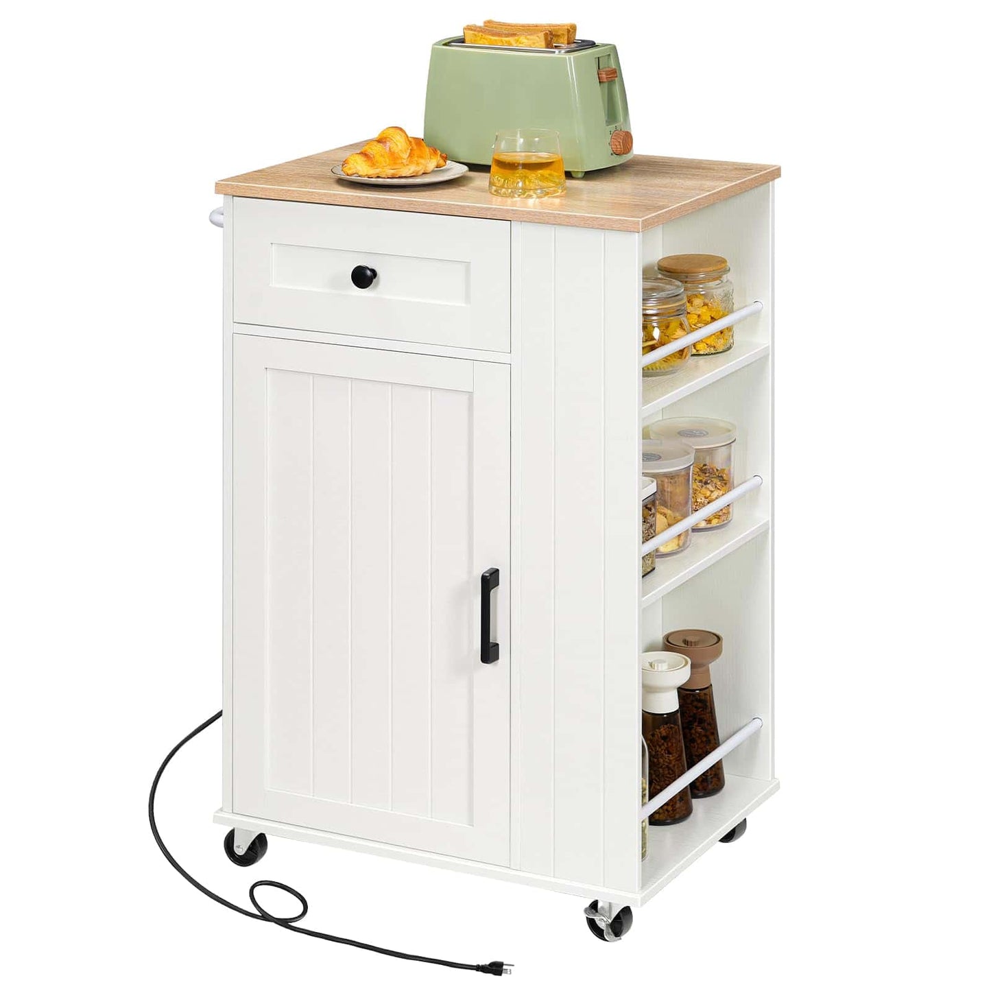 White kitchen island cart with wooden top, toaster, and food items on a white background