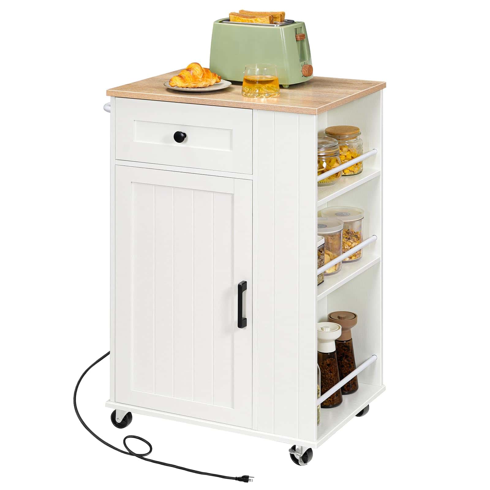 White kitchen island cart with wooden top, toaster, and food items on a white background