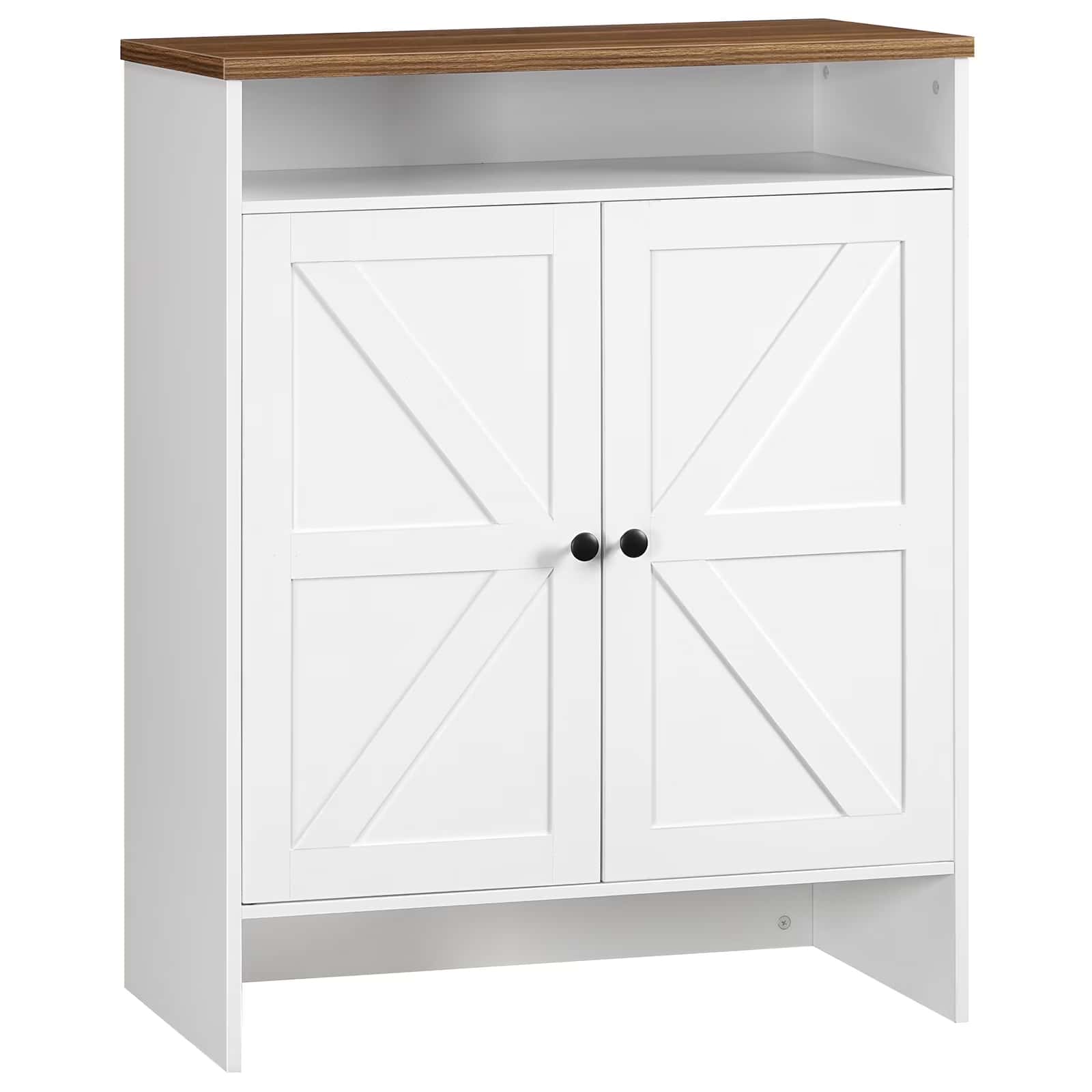 White cabinet with wooden top on a white background