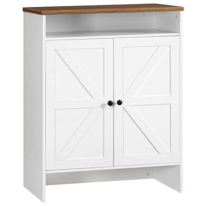 White cabinet with wooden top on a white background