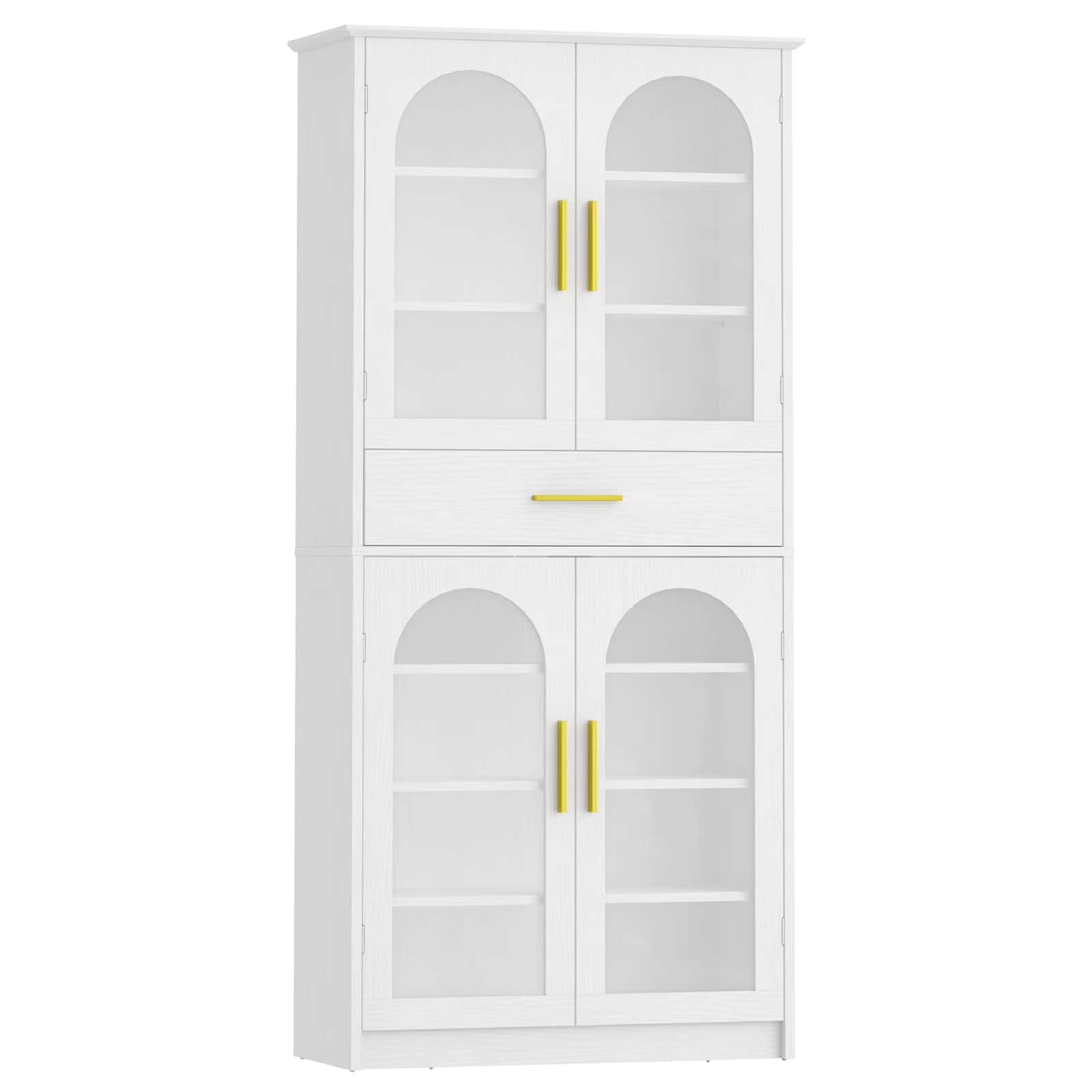 White cabinet with glass doors and gold handles on a white background