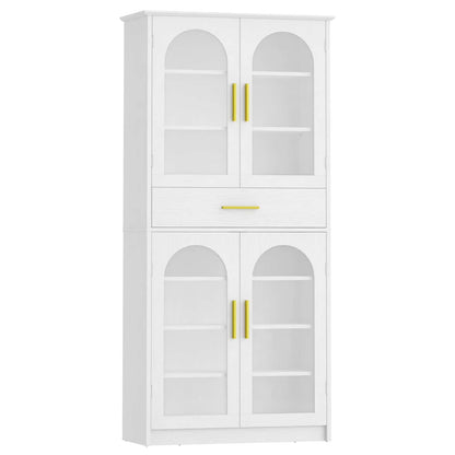 White cabinet with glass doors and gold handles on a white background