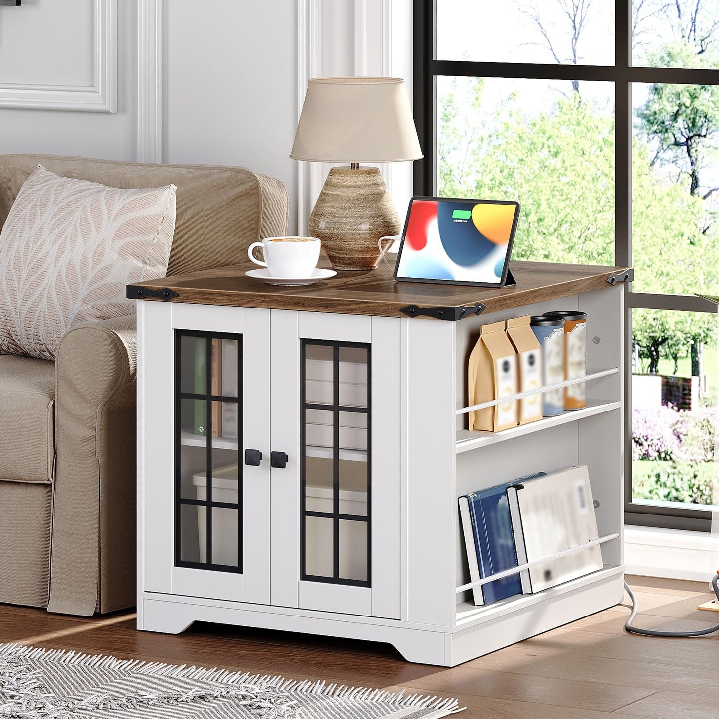 White cabinet with wooden top in a living room setting