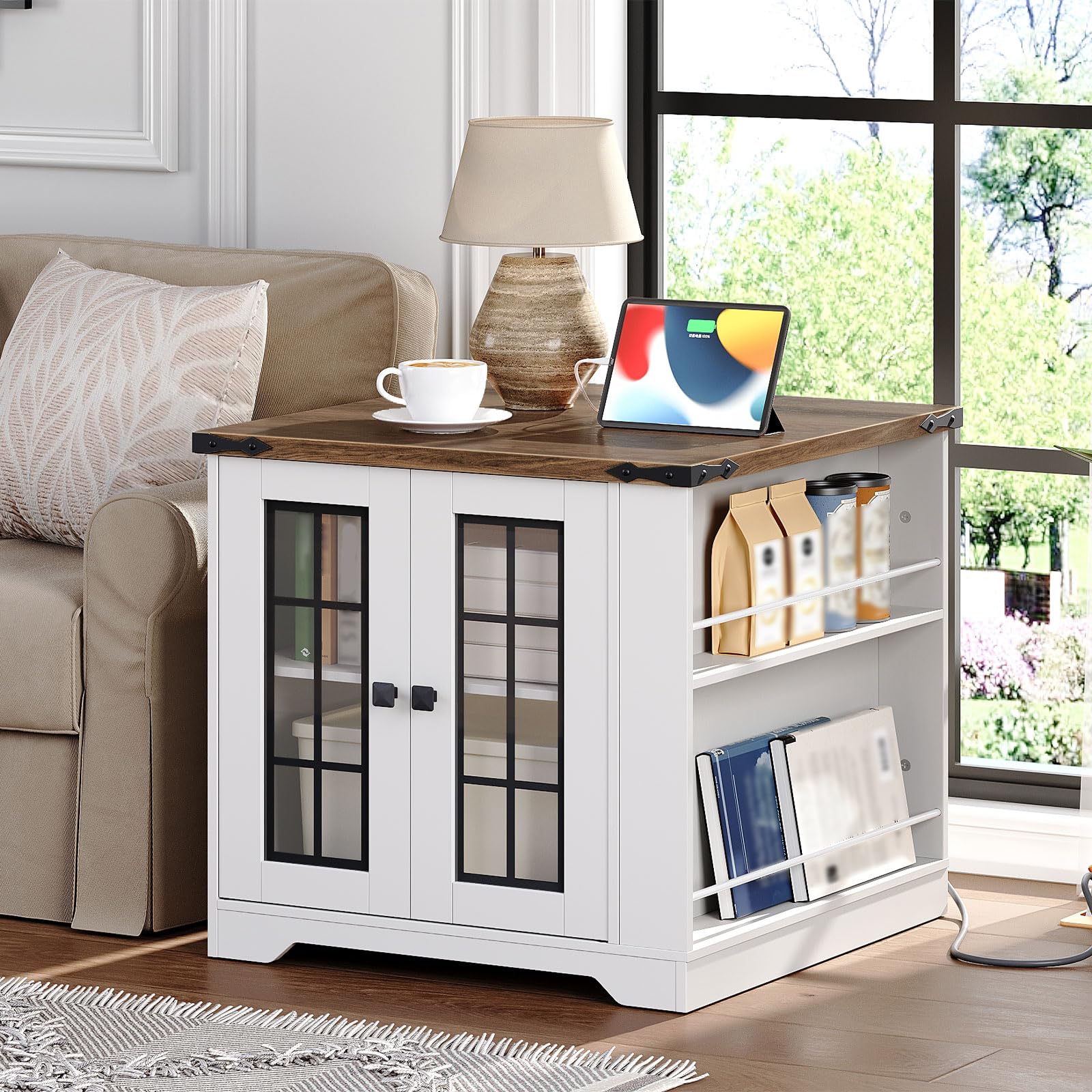 White cabinet with wooden top in a living room setting