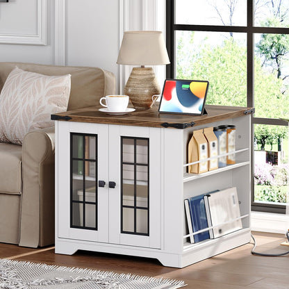 White cabinet with wooden top in a living room setting