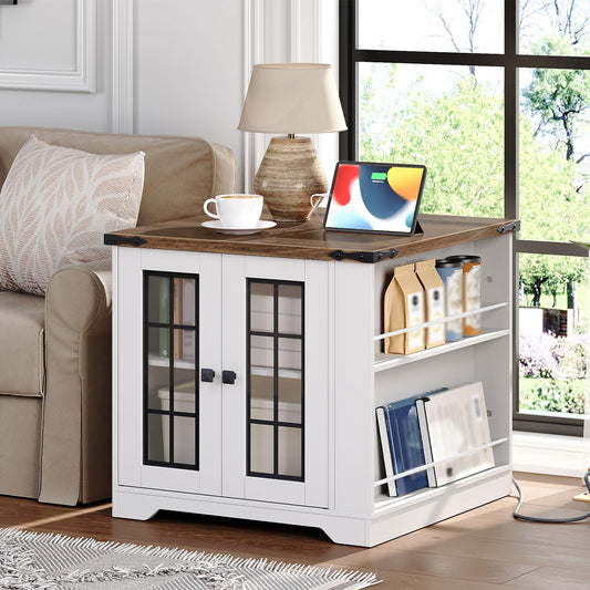 White cabinet with wooden top in a living room setting