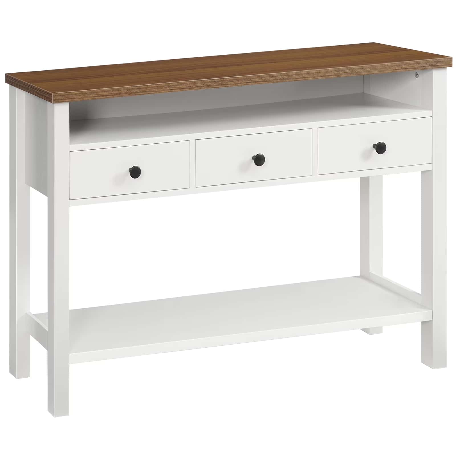 White console table with three drawers and a wooden top on a white background