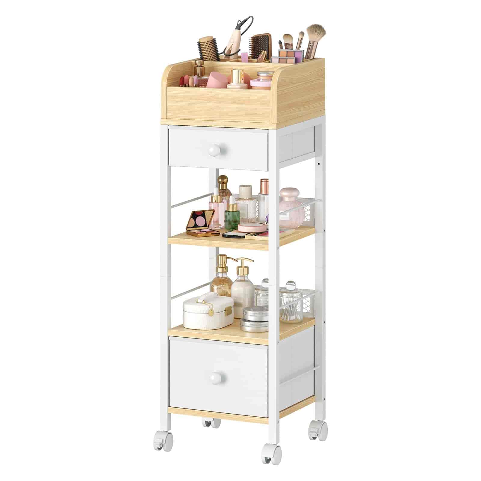 Trolley with cosmetic items on a white background