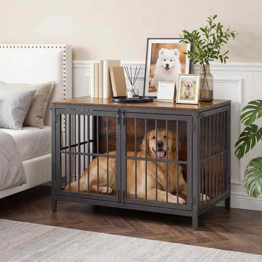 Dog in a modern pet crate in a home setting with decor elements.