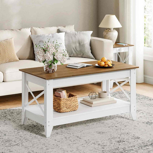 Living room with a wooden coffee table, sofa, and decorative items.