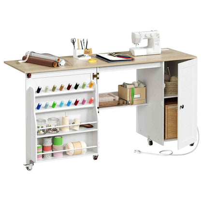 White sewing desk with wooden top, sewing machine, and various craft supplies on a white background