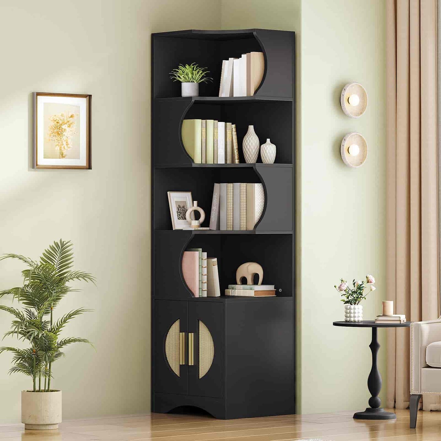Black corner bookshelf with decorative items in a room with a plant and table.