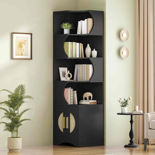 Black corner bookshelf with decorative items in a room with a plant and table.