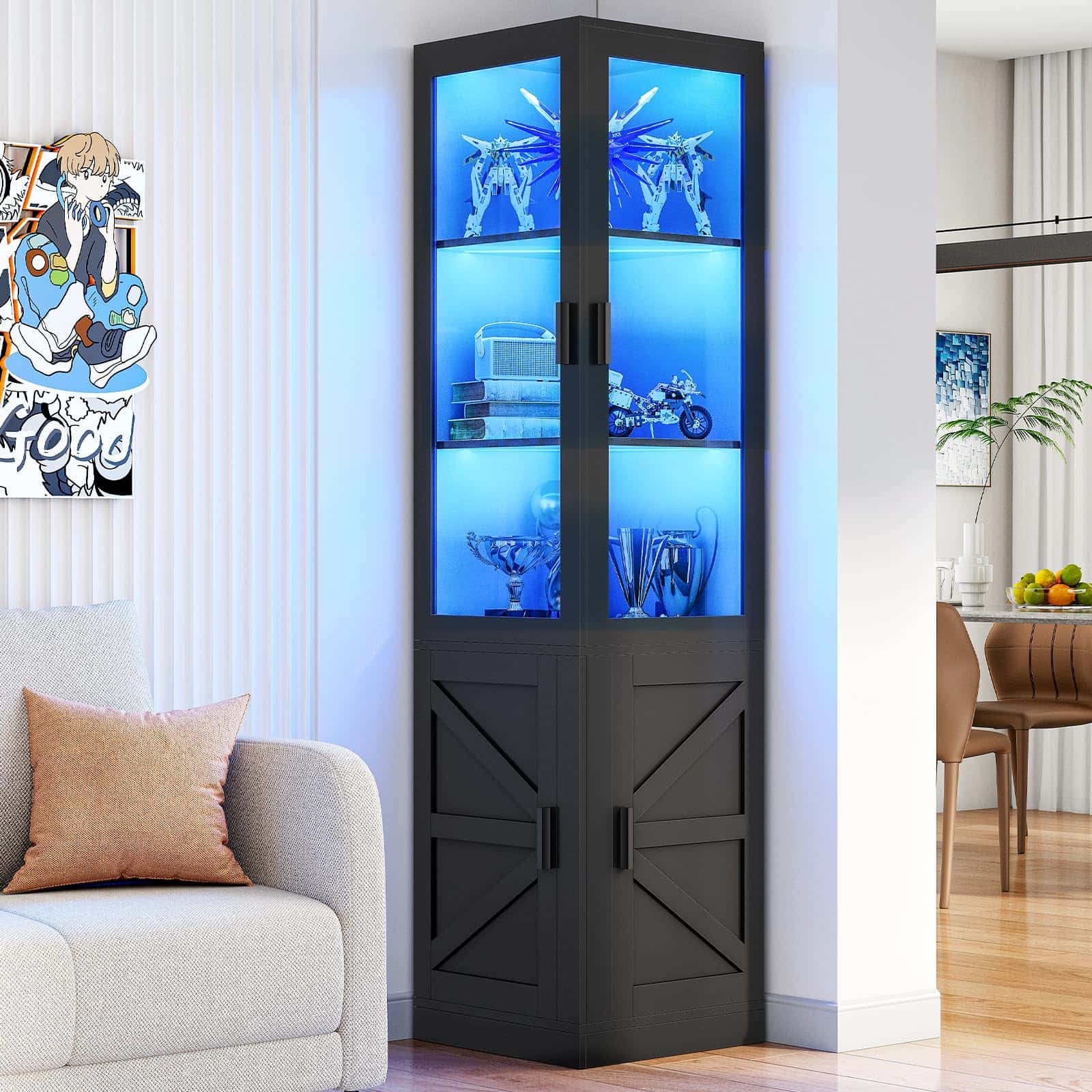 Black corner cabinet with blue LED lighting displaying various items in a living room setting.