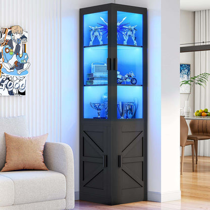 Black corner cabinet with blue LED lighting displaying various items in a living room setting.