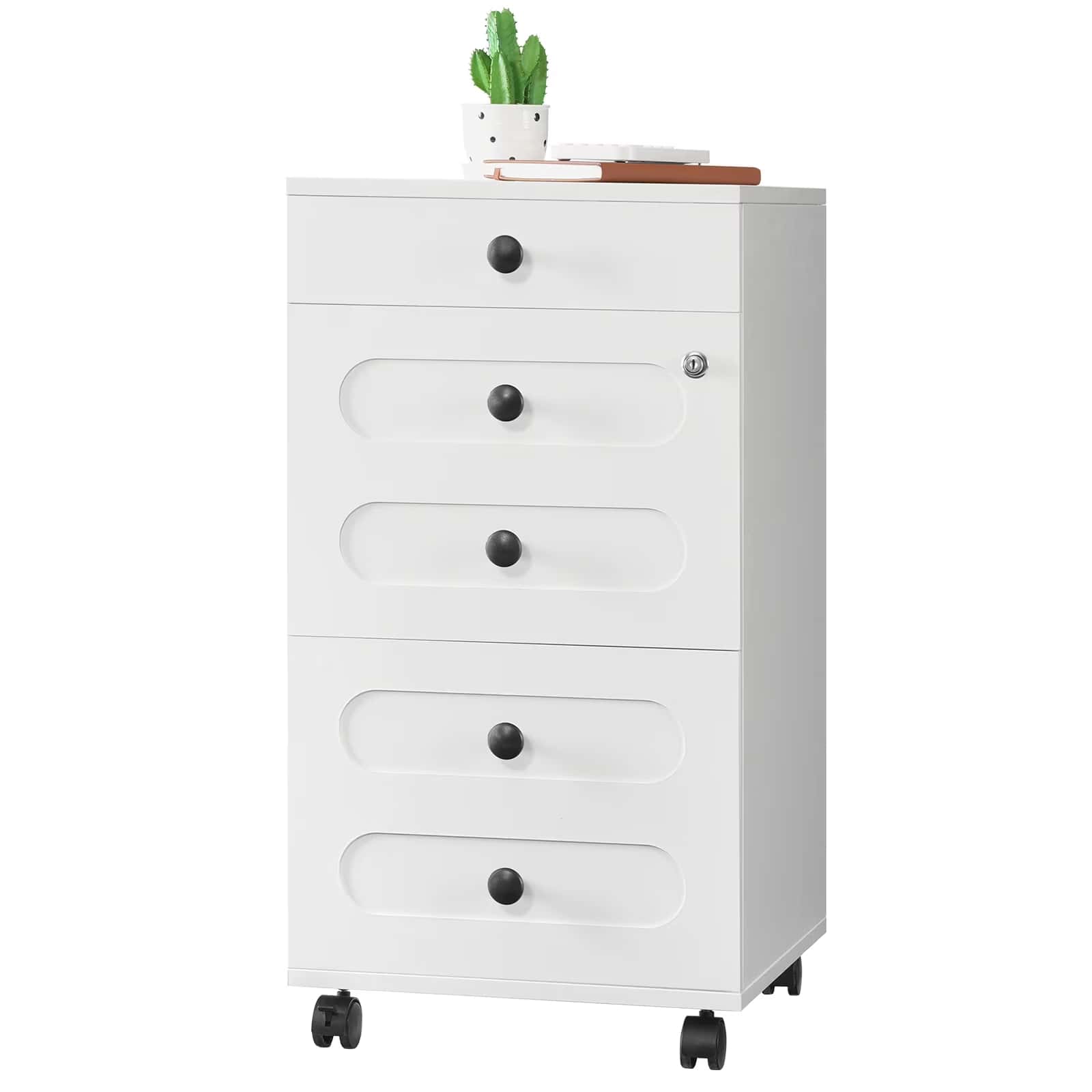 White dresser with four drawers and black knobs on a white background