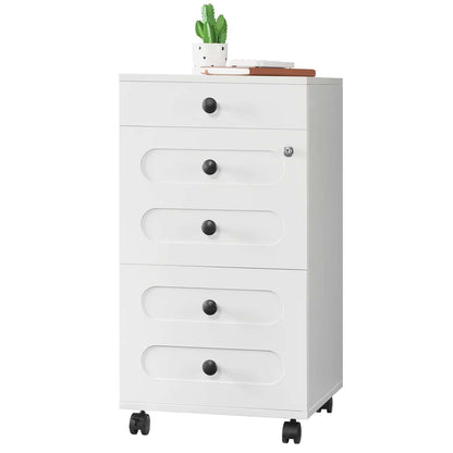 White dresser with four drawers and black knobs on a white background