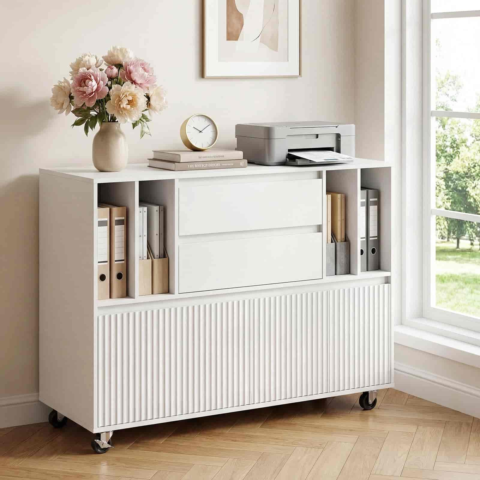 White storage cabinet with books, a printer, and decorative items in a room with a window.