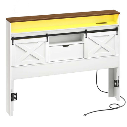 White console table with wooden top and sliding door on a white background