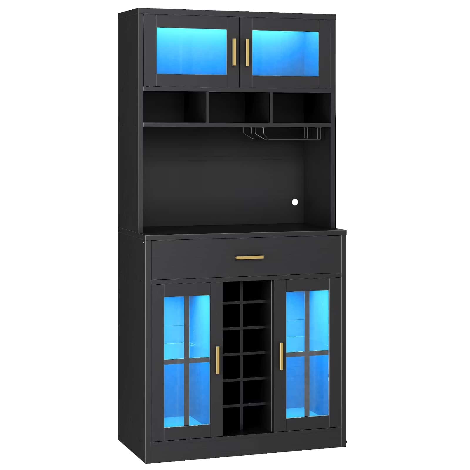 Black cabinet with glass doors and shelves on a white background