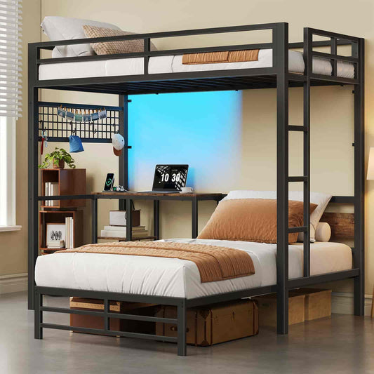 Bunk bed with a desk on top in a room setting