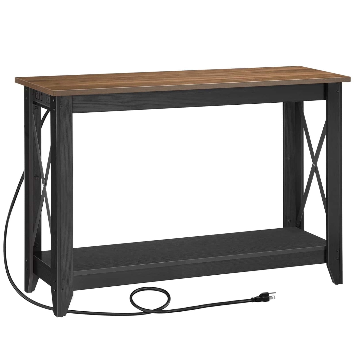 Console table with wooden top and black base on a white background