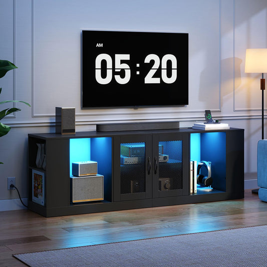 Modern entertainment console with a digital clock display in a living room setting.